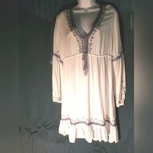 Moda International white and blue boho style mini dress.